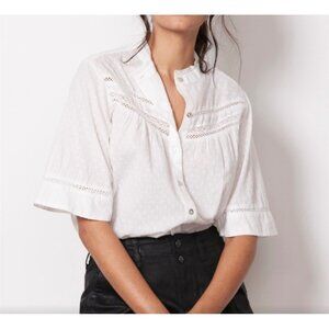 Faherty Feminine Blouse Swiss Dots Lace Insert Button Up Short Sleeve Cotton Min